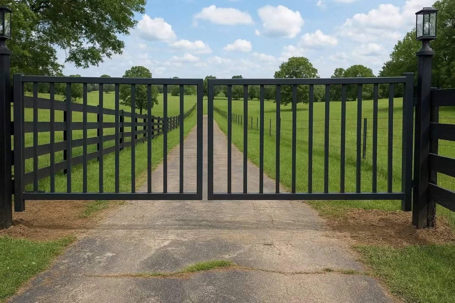 Black double driveway gate with straight vertical pickets