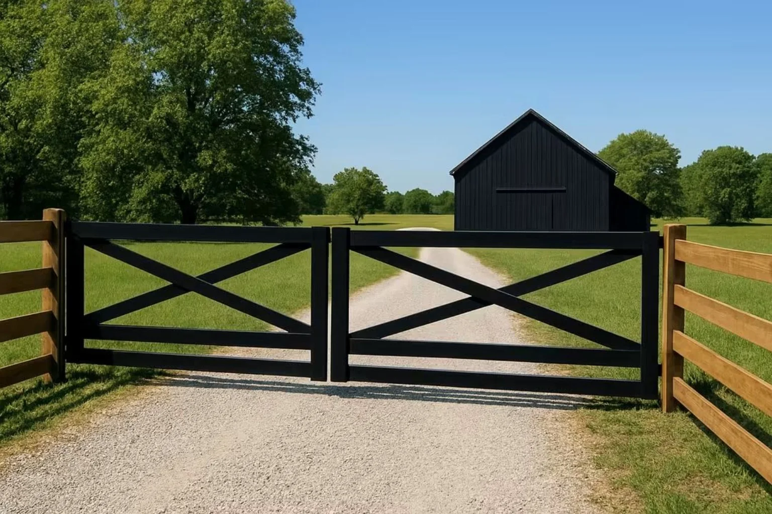 Black cross-braced farm driveway gate
